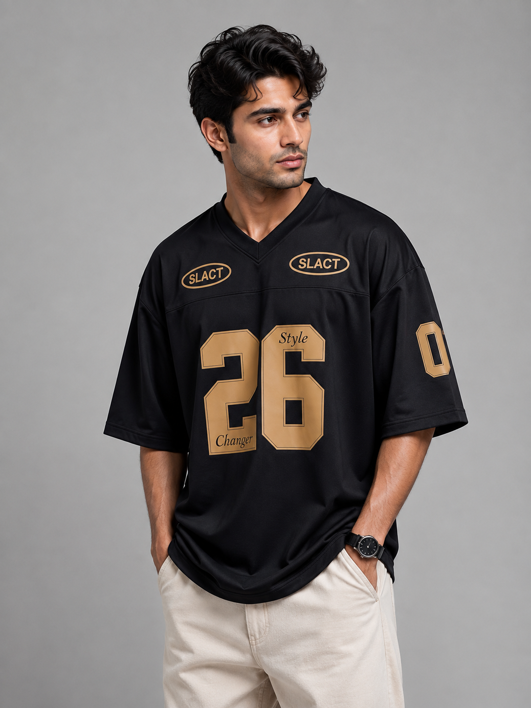 Men's Oversized V Neck 26 Printed Drop Shoulder T-Shirt | Premium Interlock Fabric | SHIRTISTA Pakistan