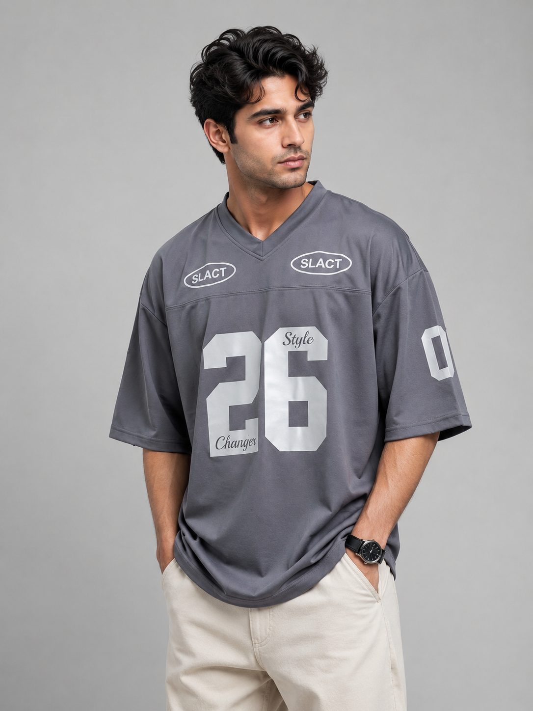 Men's Oversized V Neck 26 Printed Drop Shoulder T-Shirt | Premium Interlock Fabric | SHIRTISTA Pakistan