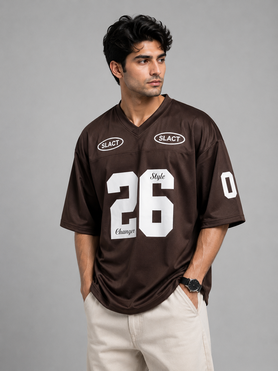 Men's Oversized V Neck 26 Printed Drop Shoulder T-Shirt | Premium Interlock Fabric | SHIRTISTA Pakistan