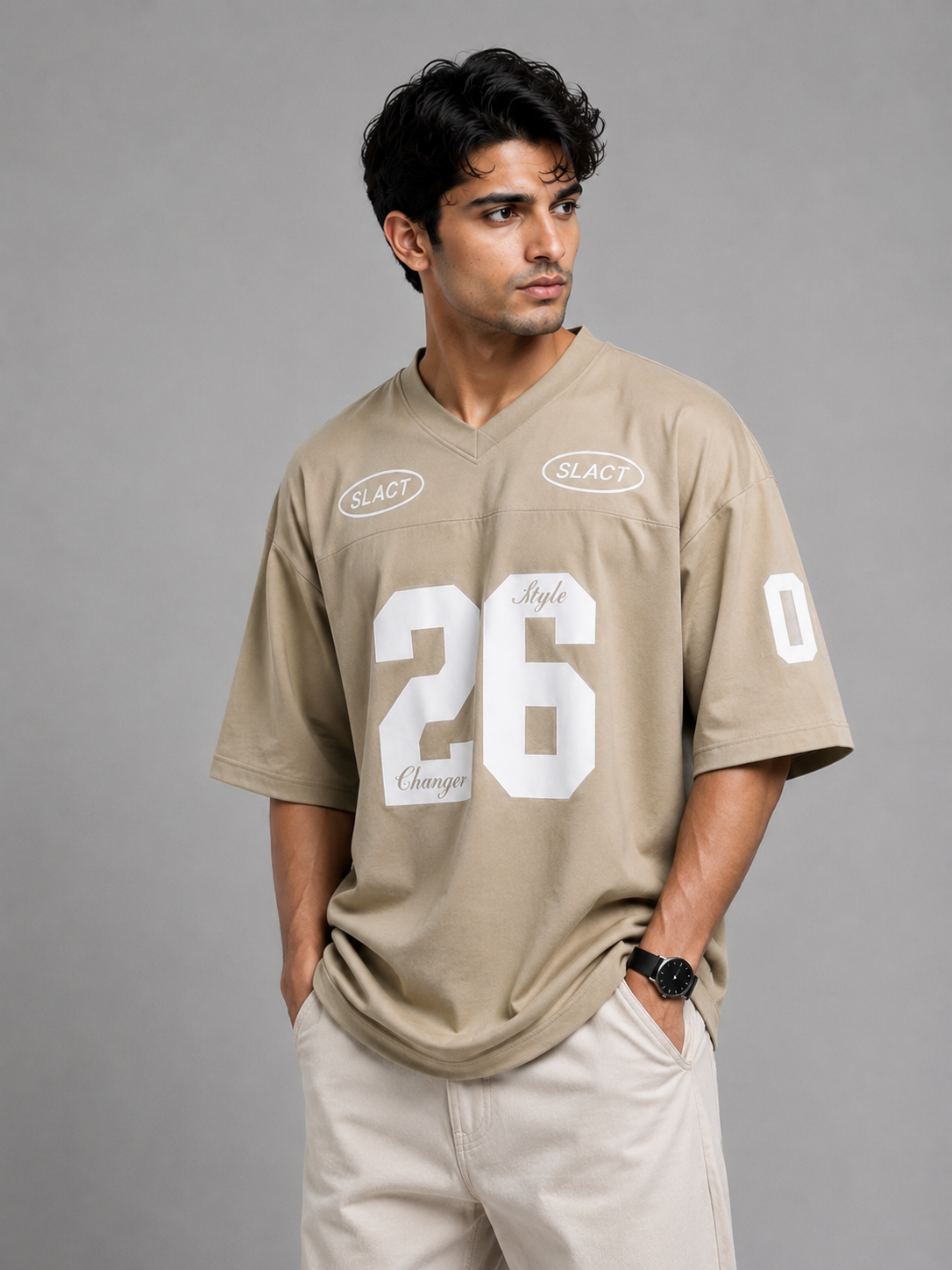 Men's Oversized V Neck 26 Printed Drop Shoulder T-Shirt | Premium Interlock Fabric | SHIRTISTA Pakistan